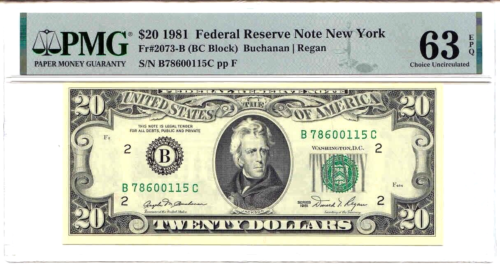 1981 $20 Federal Reserve Note, New York district, PMG Certified Choice UNC63 EPQ