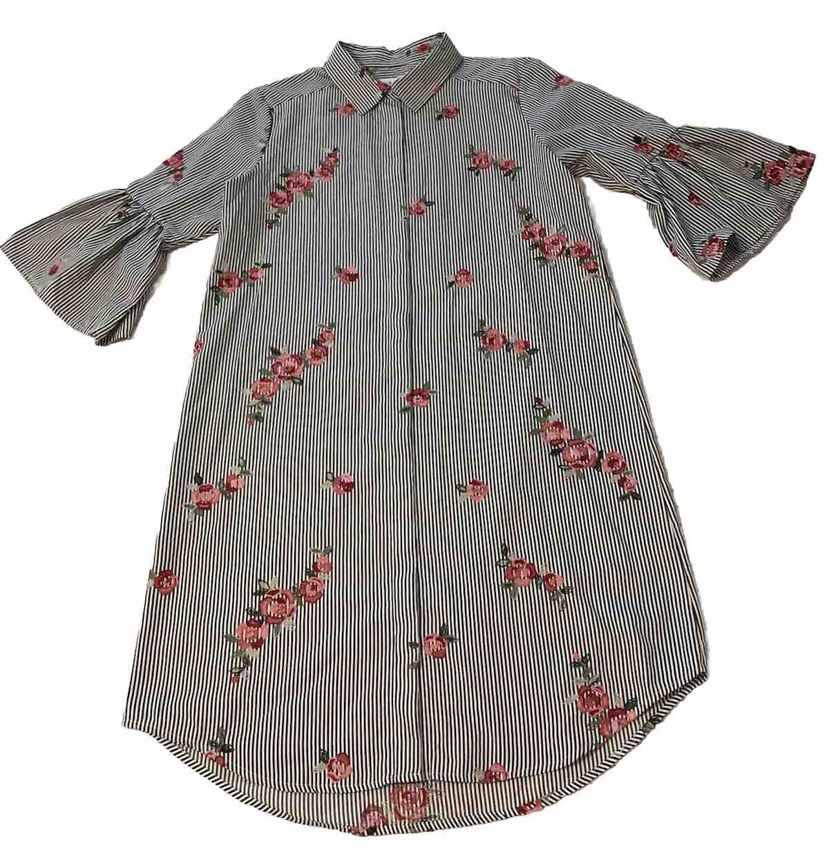 Calvin Klein Tunic Shirt Dress Railroad Stripe Embroidered Roses Sz 10 Lagenlook