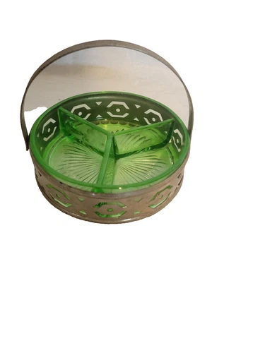 Vtg Green Uranium Depression Glass 3-Section Divided Dish and Metal Carrier 5”