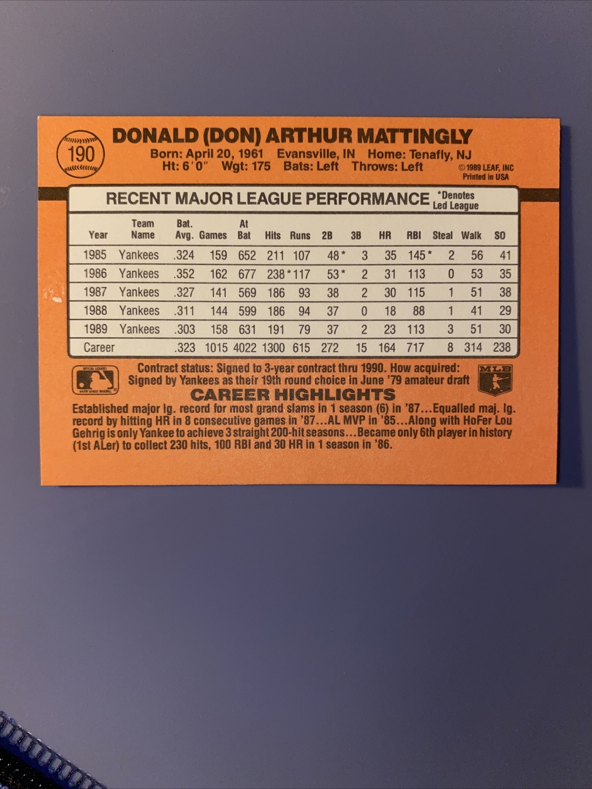 1990 Donruss Baseball Don Mattingly New York Yankees Card 190 eBay