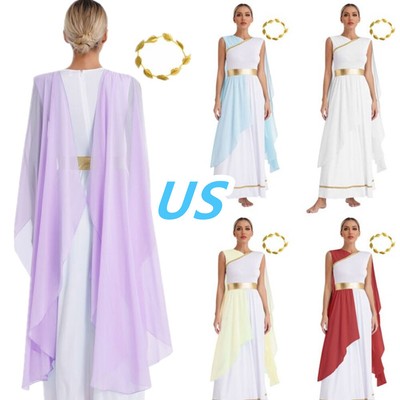 US Women's Ancient Greek Costume Roman Toga Queen Cosplay Dress with Headwear