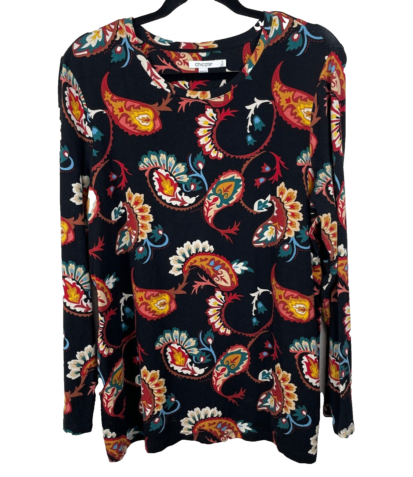 CHICO'S Tunic Top Women's XL Black Paisley Fish Long Sleeve Eclectic Art to Wear