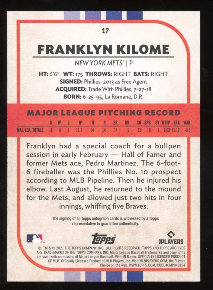 2021 Topps Archives Snapshots - FRANKLYN KILOME #17 - Rookie RC Autograph Auto - Image 2 of 2