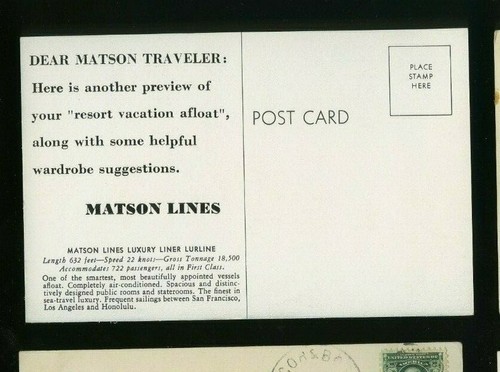 SS Lurline - Matson Lines - Vintage Ship / Oceanliner Postcard - Picture 2 of 2