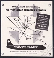 1951 Swissair plane modern system map art vintage print ad