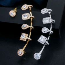 Asymmetric CZ Bridal Square Baguette Drop Ear Climber Wrap Stud Clip Earrings