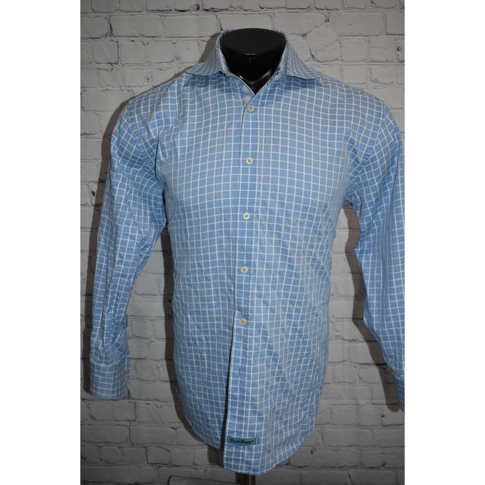 English Laundry Dress Shirt Mens Size Large Blue Plaid Geometric Flip Cuffs  - Image 2 of 4