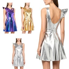 Women Mini Show Outfits Backless Dress Erotic Disco Music Festival Metallic Bar
