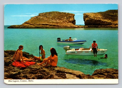 Blue Lagoon Comino Malta Scenic View with People, Boats on Crystal Clear Water