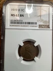 Beautiful High Grade 1919-D Lincoln Cent.  NGC GRADED MS 62 BN