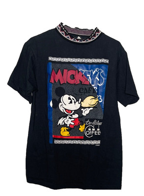 VTG Mickey's Cafe Disney Shirt M/L Black Collar Print Coffee Graphic Print USA