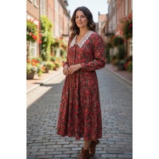Vintage Laura Ashley Womens 8 red Floral Maxi Dress Lace Collar Cottage Prairie
