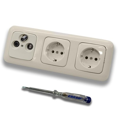 Busch Jäger UP 3Loch Dose Enddose Stichdose, Radio/TV/SAT cremeweiß 2xSteckdose