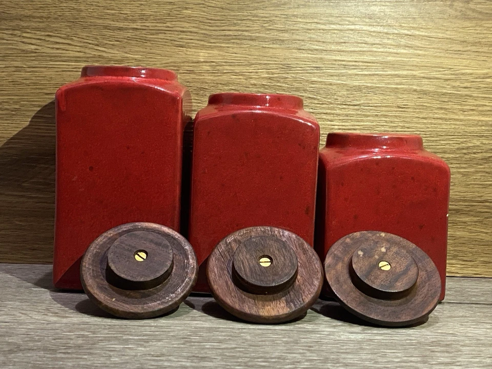 PIER 1 Import Rustic Brick Red 3 Ceramic Canister Jars Lids Set Coffee Tea Sugar - Image 3 of 4