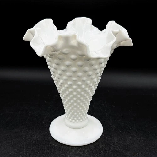 Fenton Milk Glass White Hobnail Ruffled Footed Trumpet Vase Vintage Flower