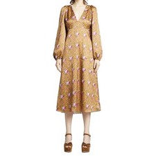 LoveShackFancy Floral Kinnear Satin V-neck Midi Ruby Goldmine Dress Size 00