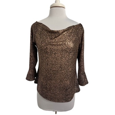 M&S Collection Women s Copper Glitter Glam Bell Sleeve Boat Neck Drape Neck Lg