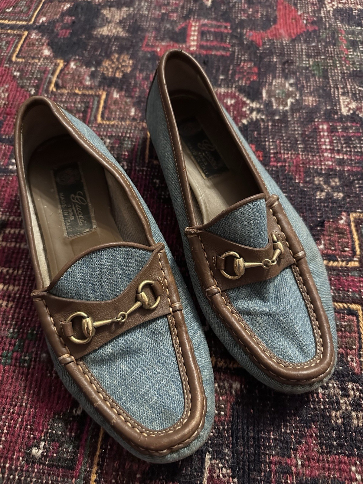 Gucci Horsebit Loafers in Blue Denim & Brown for Women Size 35-image
