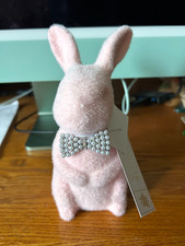 Bella Lux Spring Pink Flocked Rabbit Bunny Figurine Pearl Bow