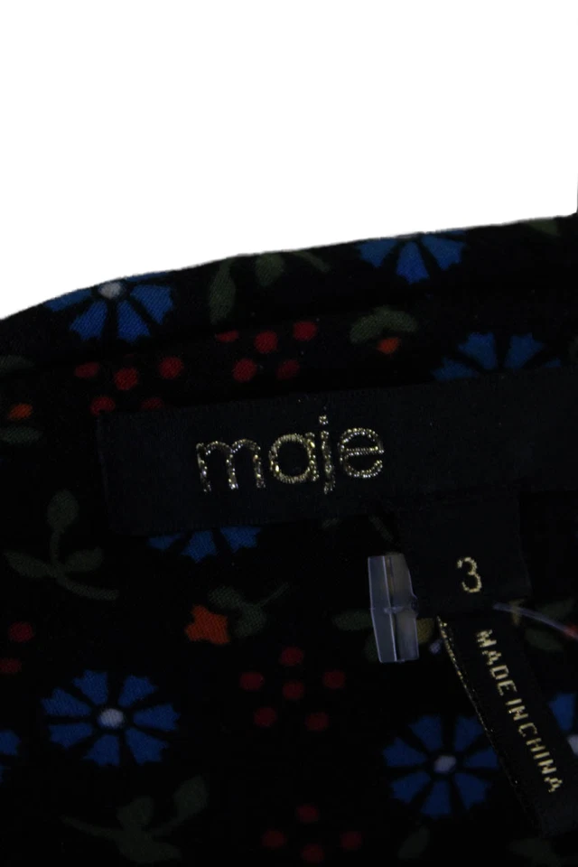 Vestido negro con manga globo cintura caída estampado floral plisado Maje para mujer talla 3 Foto 4 de 4