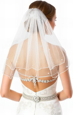 White Short Wedding Veil Short Bridal Veil Women'S Short Vails with Pearl Rhines