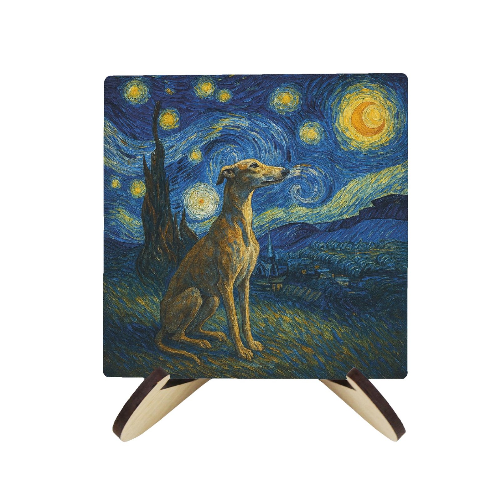 Van Gogh Dogs Ceramic Coaster Set with Stand - Starry Night Dog Gifts