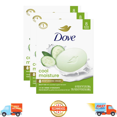 Dove Beauty Bar Cucumber Green Tea Soap 3.75oz 8Bars, Cool Moisture, 3 Pack Bulk