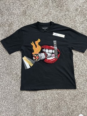 Reason Men's Black Embroidered Graphic Mouth Cigar Tee Crew Neck Size M