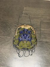 Antique Hand Beaded Evening Purse Seed Beads Floral Germany Blue Black AS IS