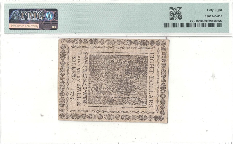 11/29/1775 Eight Dollars Continental Currency Fr CC-18 PMG AU-58 - Image 3 of 3