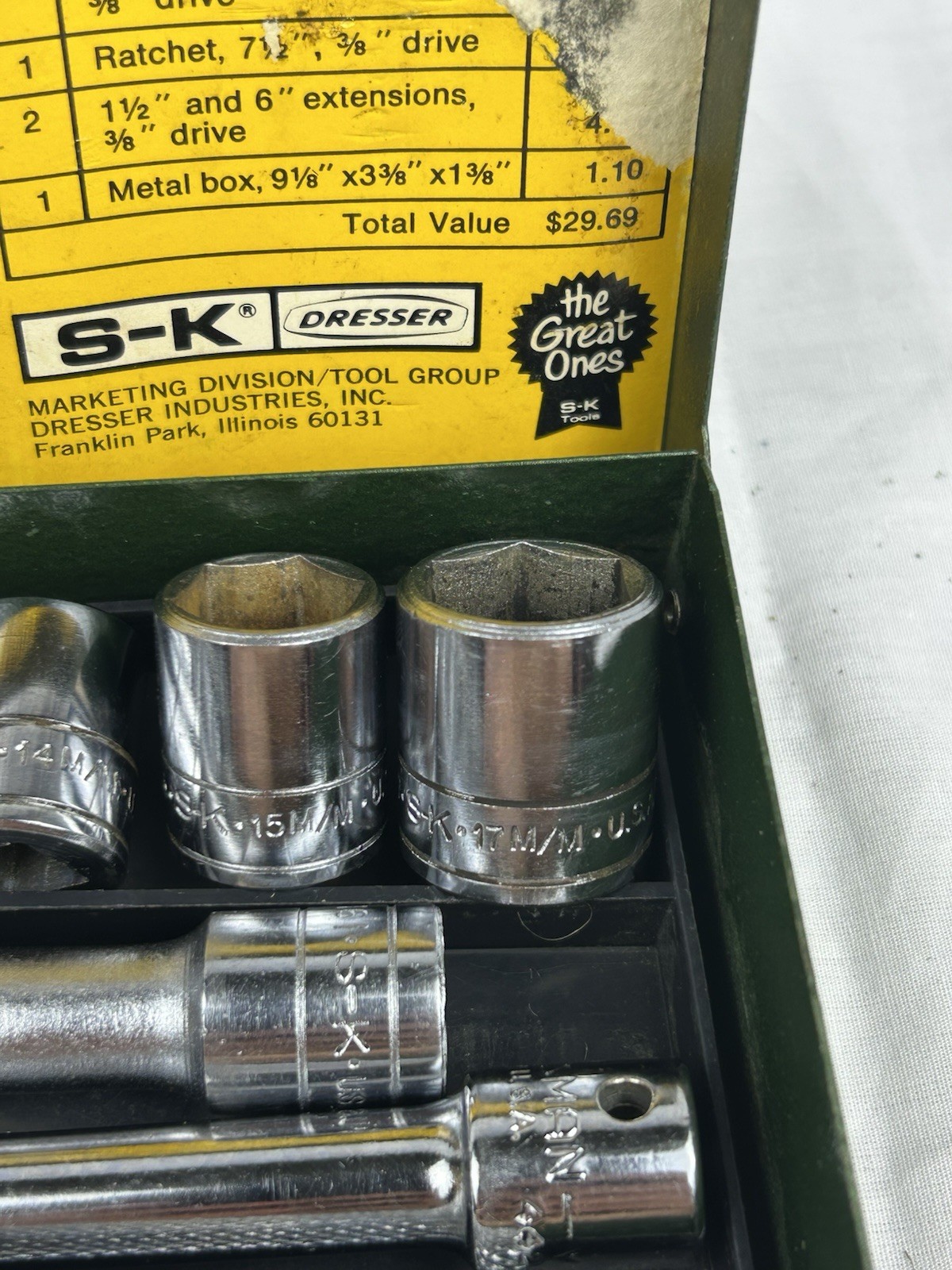 S-K Tools Socket Set 3/8” Drive 14pc w/ Ratchet, Ext, Adapters USA