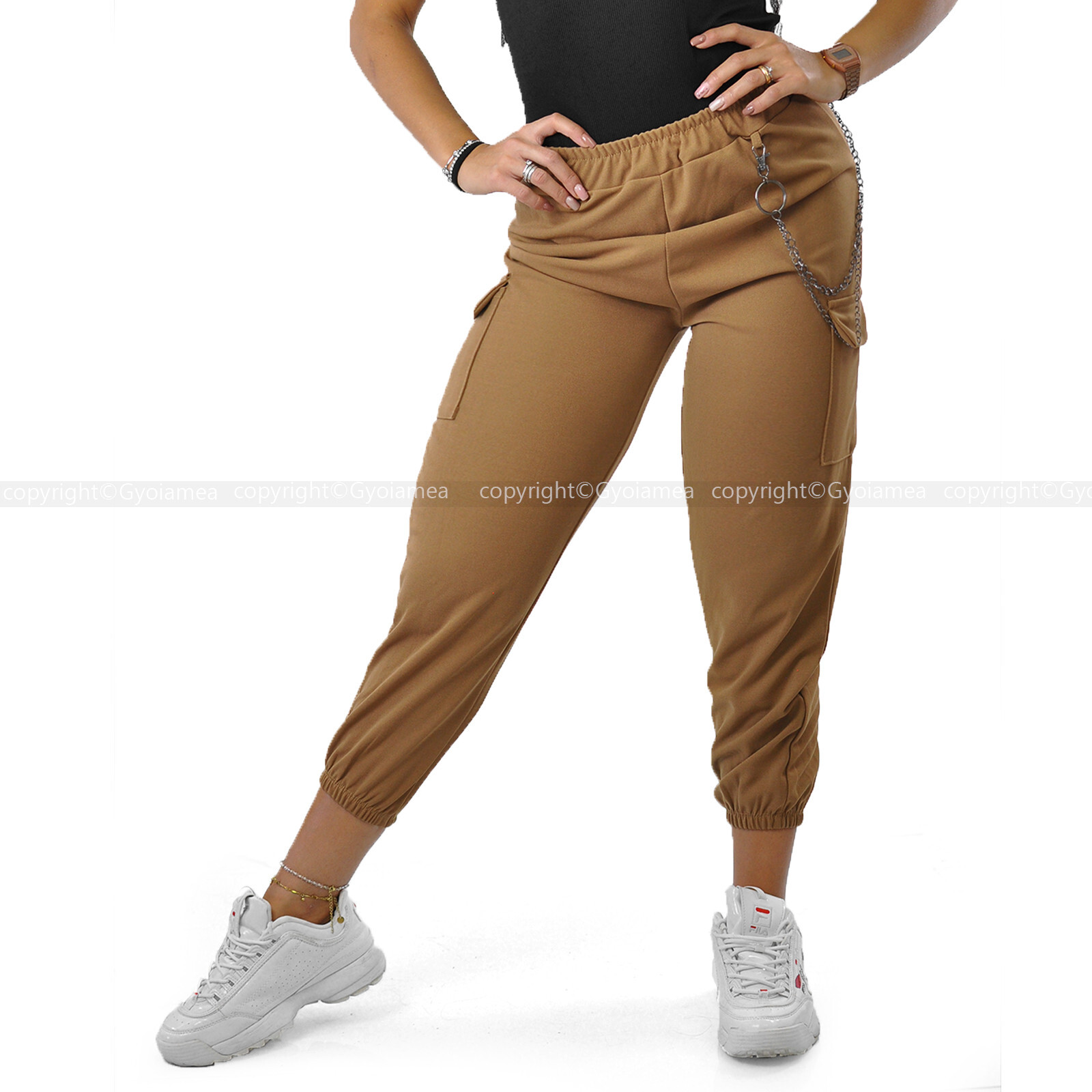Pantalone cargo donna elasticizzato tasconi catena sportivo morbido giornaliero - Foto 12 di 17