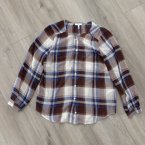 Revolve Joie Safford silk button up top plaid blue red XXS