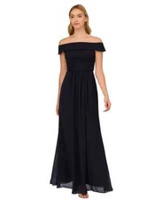 $139 Adrianna Papell Off-The-Shoulder Chiffon Gown, Midnight Navy, Size - 6