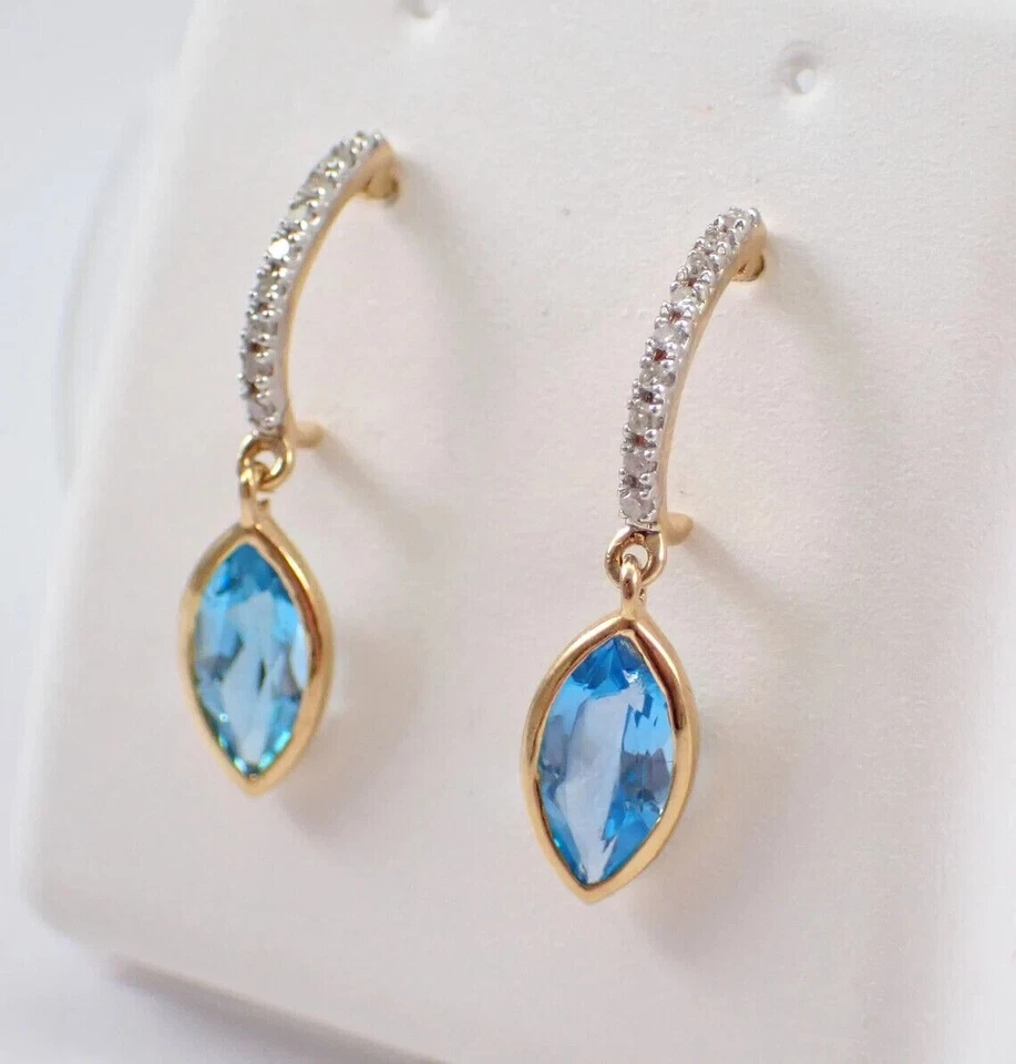 Pendientes colgantes/gotas de topacio azul simulado corte marquesa enchapados en oro amarillo de 14 k Foto 3 de 4