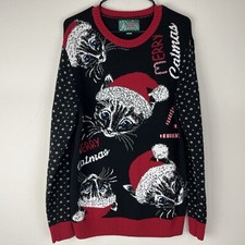 Ugly Christmas Tunic Sweater MERRY CATMAS Knit Navy Blue Eye Kitty Cat Sz Large