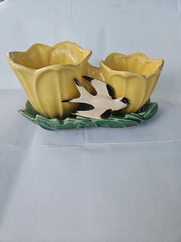 Vintage 1948 McCoy Pottery Yellow & Green Double Tulip Planter w/ Bird