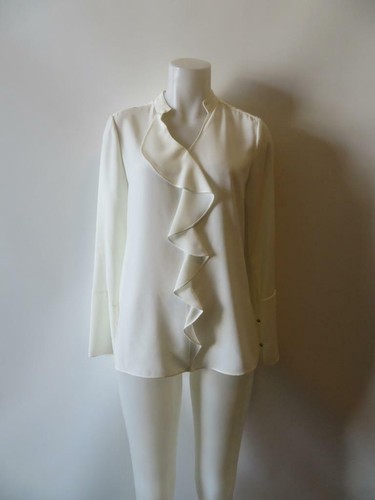 WOMENS ETCETERA WHITE RUFFLE DETAIL BLOUSE W/GOLD SIDE BUTTONS SZ 4*