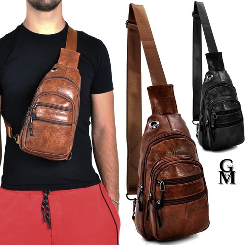 Marsupio pelle uomo petto mono spalla borsa 5 tasche viaggio casual marrone  nero | eBay