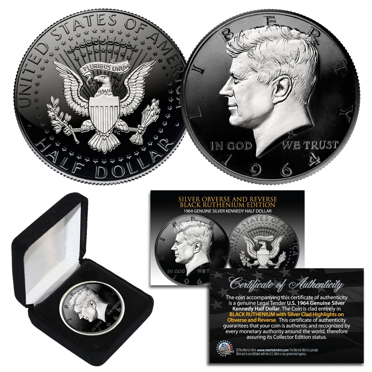 1964 BU Silver JFK Half Dollar 2-Sided BLACK RUTHENIUM & Silver