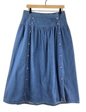 VTG Cherokee Blue Denim Midi Skirt 6 Double Button Front Deep Hip Band 80s 90s