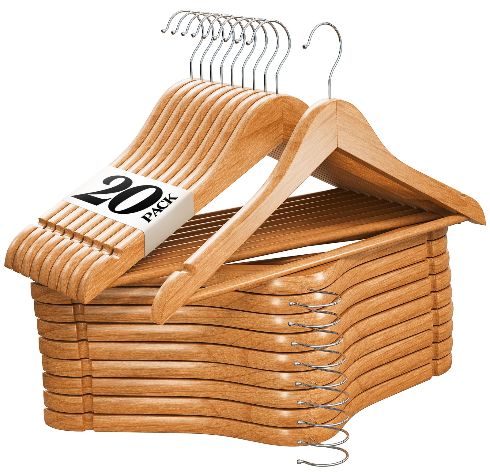 20 Pack Premium Wooden Hangers - Heavy Duty Non-Slip Coat Hangers - Natural Finish