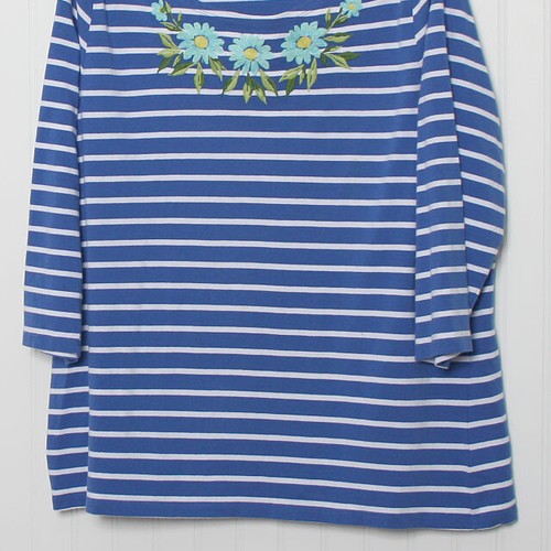 Talbots Blue Striped Floral Embroidered Boat Neck 3/4 Sleeve Cotton Top 2x - Picture 3 of 8