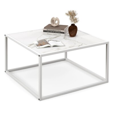 Modern Square Coffee Table Center Table Living Room With Faux Marble Tabletop