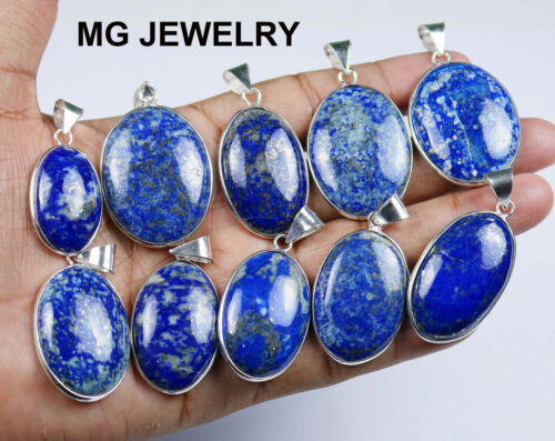 40 PCs Lot Natural Lapis Lazuli Gemstone .925 Silver Plated Bezel Pendants - Picture 1 of 4