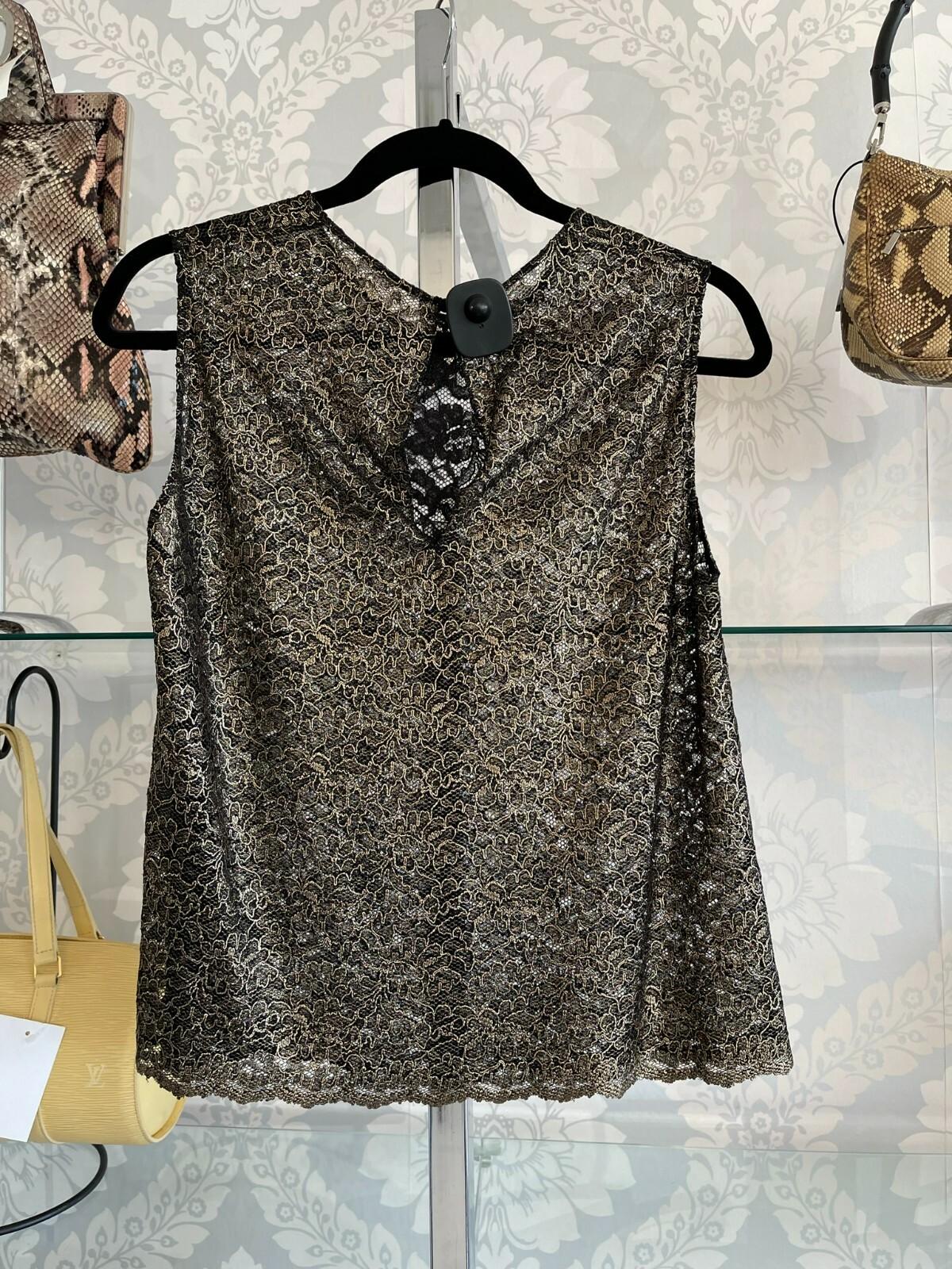 Top senza maniche SAINT LAURENT nero oro misto viscosa seta trasparente pizzo taglia 44 $995