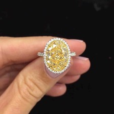 Huge 10Ct Yellow Citrine Oval Cut CZ Halo Wedding Engagement Ring In 925 Silver