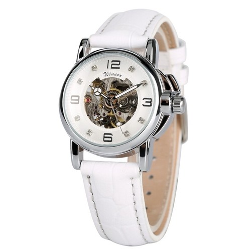 GANADOR Reloj Automático Mujer Esqueleto Elegante Correa Cuero Blanco Relojes de Pulsera - Imagen 5 de 10