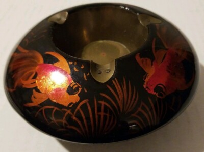 Vintage Black Laquer & Brass Koi Fish Ashtray/Trinket Dish