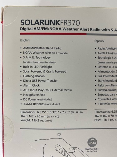 Eton American Red Cross Solarlink FR370 Emergency Weather AM/FM/NOAA Radio Open - Picture 3 of 8